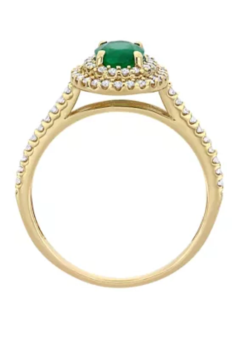 3/4 ct. t.w Emerald and 1/3 t.w. Diamond Double Halo Ring 14K Yellow Gold