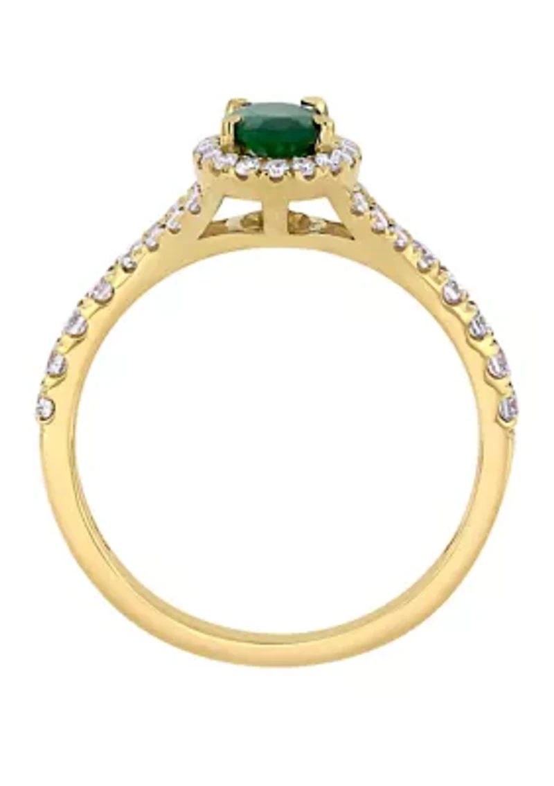 Emerald and Diamond Halo Split Shank Ring