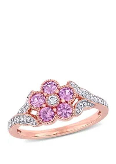 3/4 ct. t.w. Pink Sapphire and 1/6 Diamond Floral Engagement Ring 10k Rose Gold