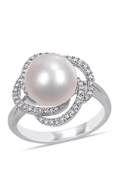 1/4 ct. t.w. Diamond and 10 to 10.5 Millimeter Cultured Freshwater Pearl Swirl Ring 14k White Gold