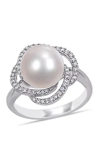 1/4 ct. t.w. Diamond and 10 to 10.5 Millimeter Cultured Freshwater Pearl Swirl Ring 14k White Gold