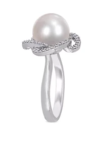 1/4 ct. t.w. Diamond and 10 to 10.5 Millimeter Cultured Freshwater Pearl Swirl Ring 14k White Gold