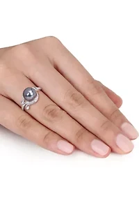 1/10 ct. t.w. Diamond and 8.5 to 9 Millimeter Cultured Tahitian Pearl Accent Ring 14k White Gold