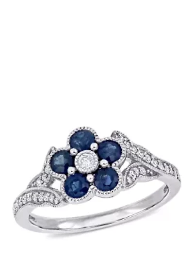 4/5 ct. t.w. Sapphire and 1/6 Diamond Floral Engagement Ring 10k White Gold