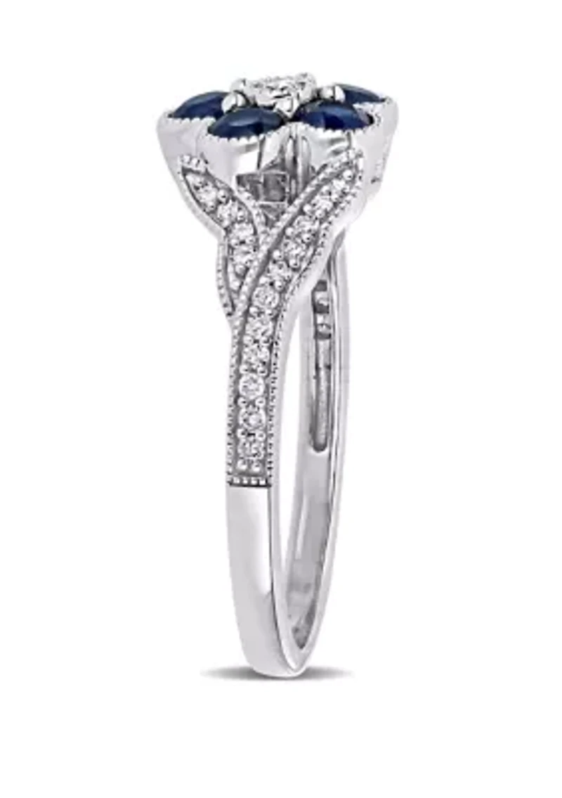 4/5 ct. t.w. Sapphire and 1/6 Diamond Floral Engagement Ring 10k White Gold
