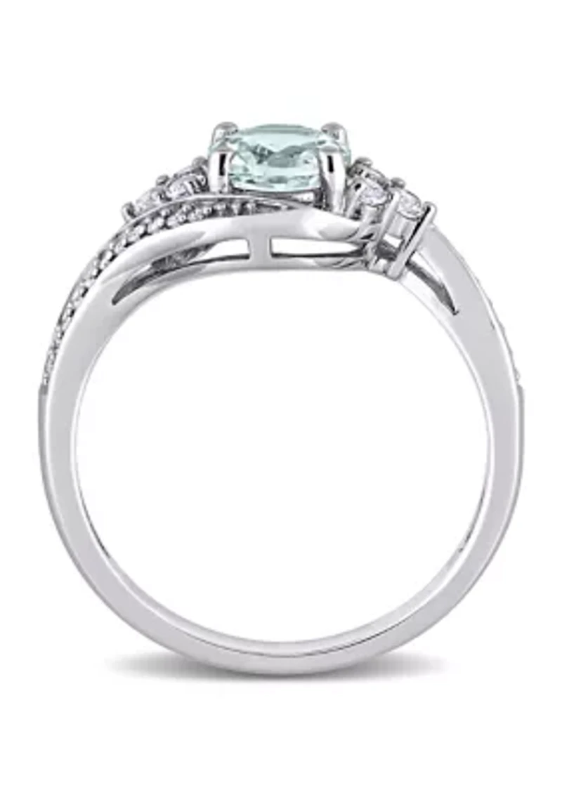 3/4 ct. t.w. Aquamarine, 1/4 White Topaz and 1/10 Diamond Swirl Ring 10k Gold