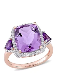 5.4 ct. t.w. Amethyst and 1/3 Diamond Halo 3 Stone Ring 14k Rose Gold