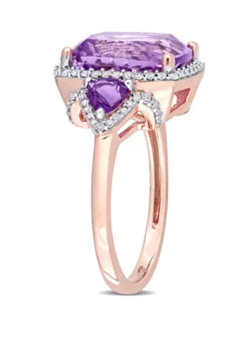 5.4 ct. t.w. Amethyst and 1/3 Diamond Halo 3 Stone Ring 14k Rose Gold