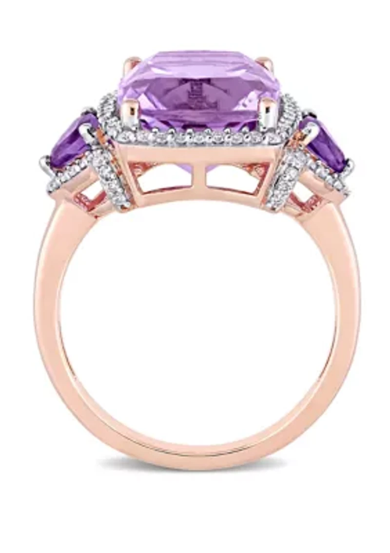 5.4 ct. t.w. Amethyst and 1/3 Diamond Halo 3 Stone Ring 14k Rose Gold
