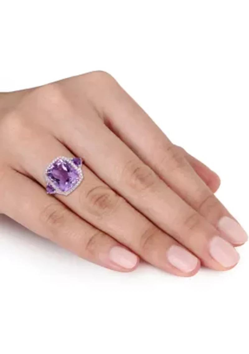 5.4 ct. t.w. Amethyst and 1/3 Diamond Halo 3 Stone Ring 14k Rose Gold