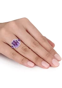 5.4 ct. t.w. Amethyst and 1/3 Diamond Halo 3 Stone Ring 14k Rose Gold