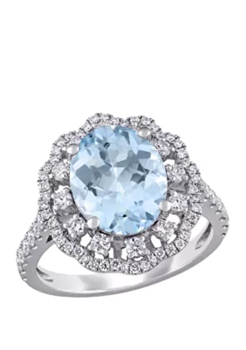 2.75 ct. t.w. Aquamarine and 3/4 Diamond Halo Floral Ring 14K White Gold