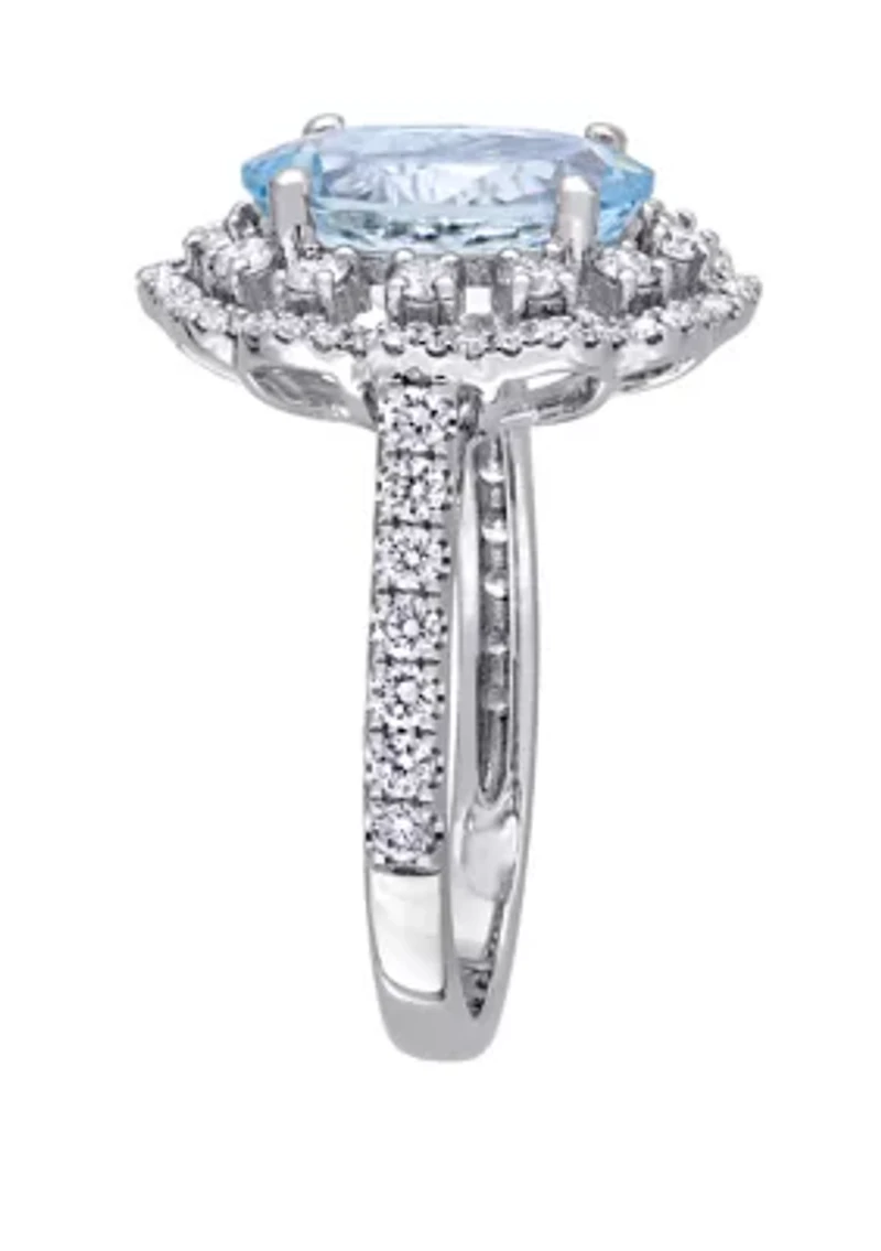 2.75 ct. t.w. Aquamarine and 3/4 Diamond Halo Floral Ring 14K White Gold