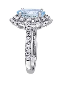 2.75 ct. t.w. Aquamarine and 3/4 Diamond Halo Floral Ring 14K White Gold
