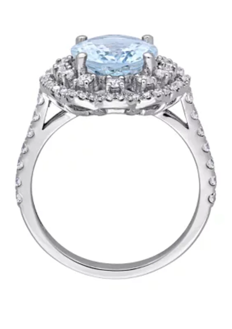 2.75 ct. t.w. Aquamarine and 3/4 Diamond Halo Floral Ring 14K White Gold