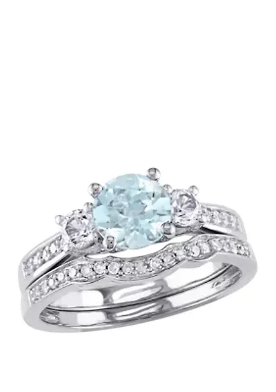 1 ct. t.w. Aquamarine, Lab Created White Sapphire, and  1/6 Diamond Accent 3-Stone Bridal Set 10K Gold
