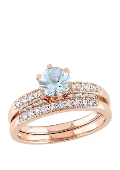 3/4 ct. t.w Aquamarine and 1/3 Diamond Bridal Ring Set 10K Rose Gold