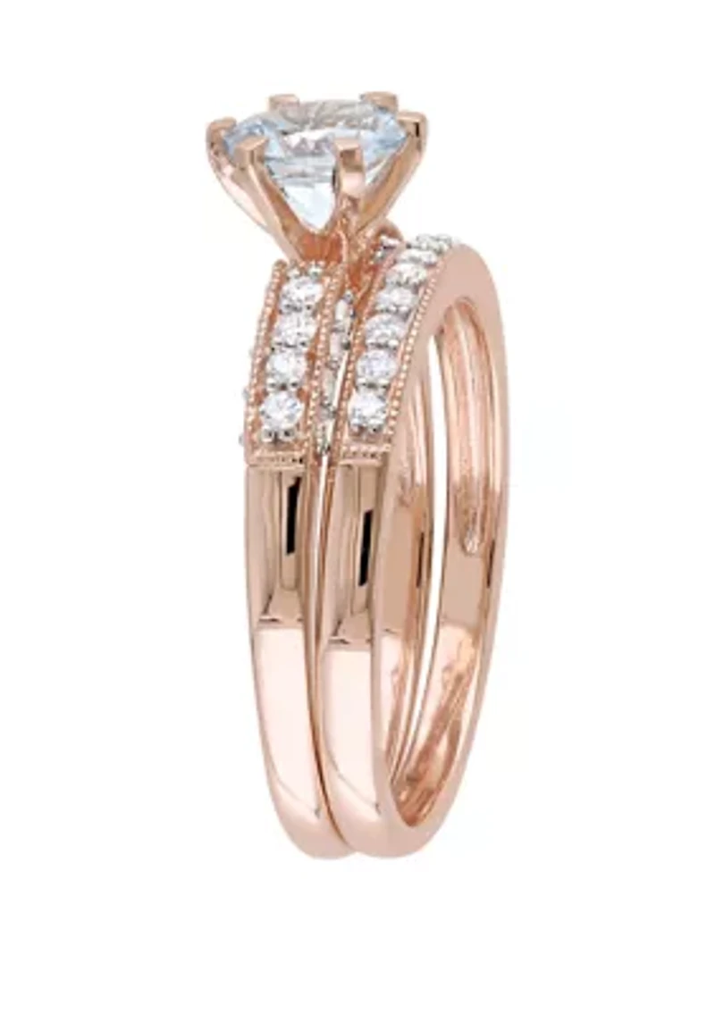 3/4 ct. t.w Aquamarine and 1/3 Diamond Bridal Ring Set 10K Rose Gold