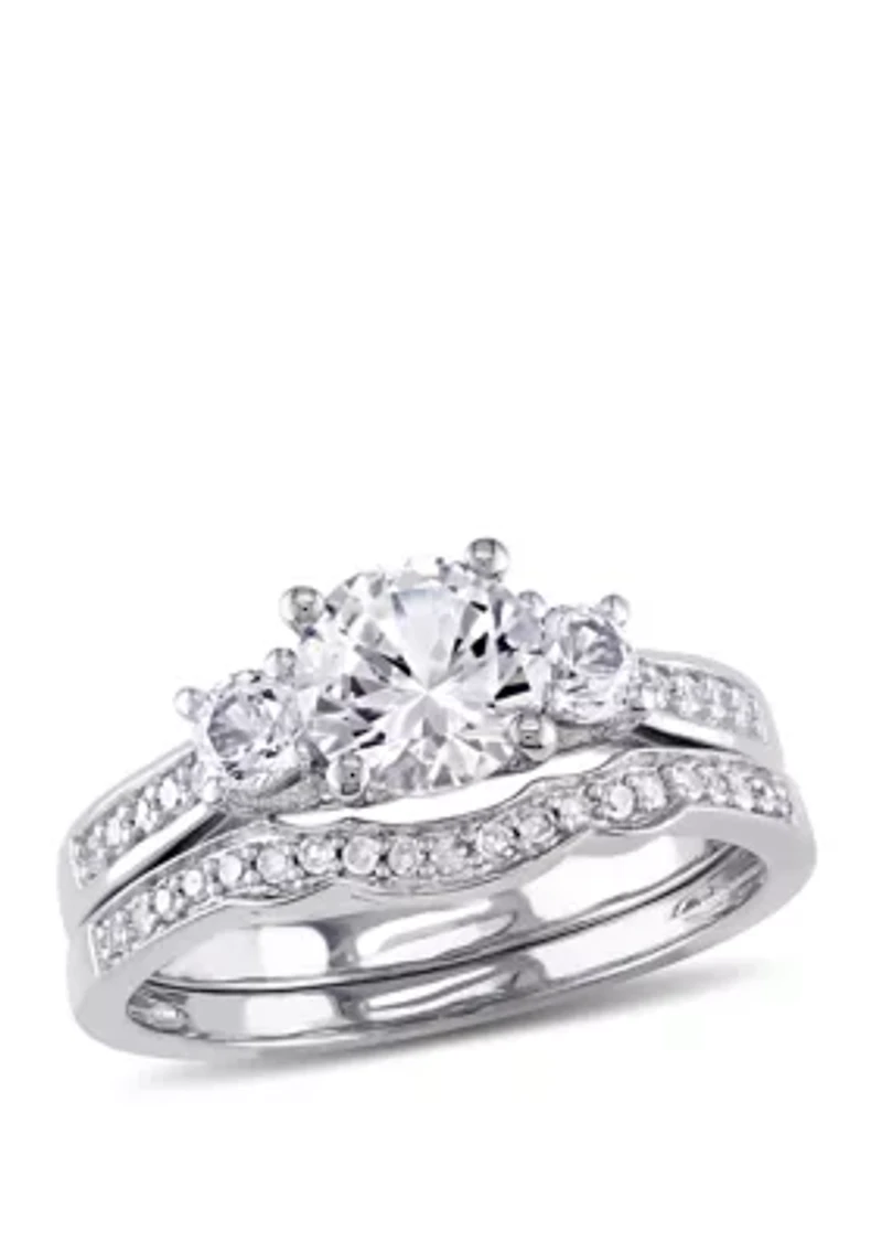 1.3 ct. t.w. Lab Created White Sapphire and 1/7 Diamond 3 Stone Bridal Set 10K Gold