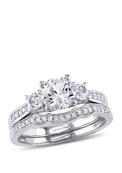 1.3 ct. t.w. Lab Created White Sapphire and 1/7 Diamond 3 Stone Bridal Set 10K Gold