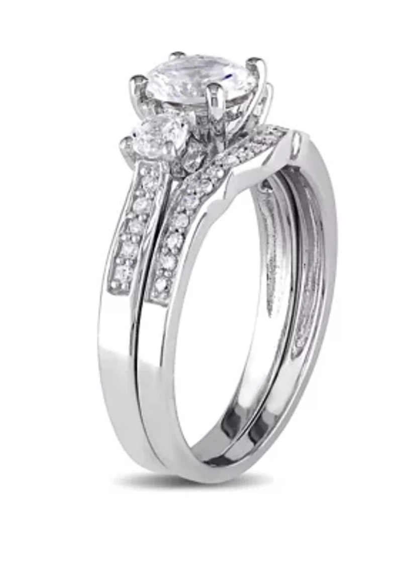 1.3 ct. t.w. Lab Created White Sapphire and 1/7 Diamond 3 Stone Bridal Set 10K Gold