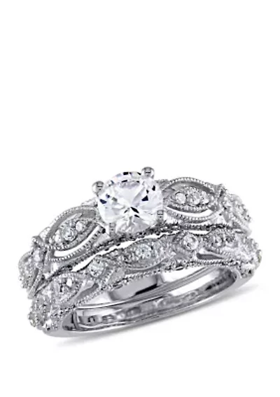 1.75 ct. t.w. Lab Created White Sapphire and 1/10 Diamond Vintage Filigree Bridal Set 10K Gold
