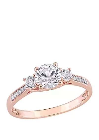 1.3 ct. t.w. Lab Created White Sapphire and 1/10 Diamond 3 Stone Engagement Ring 10K Rose Gold