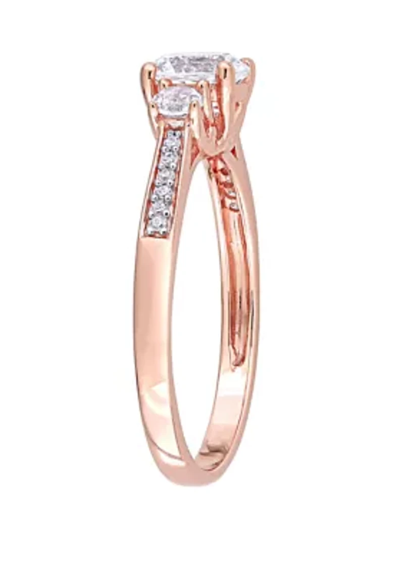 1.3 ct. t.w. Lab Created White Sapphire and 1/10 Diamond 3 Stone Engagement Ring 10K Rose Gold