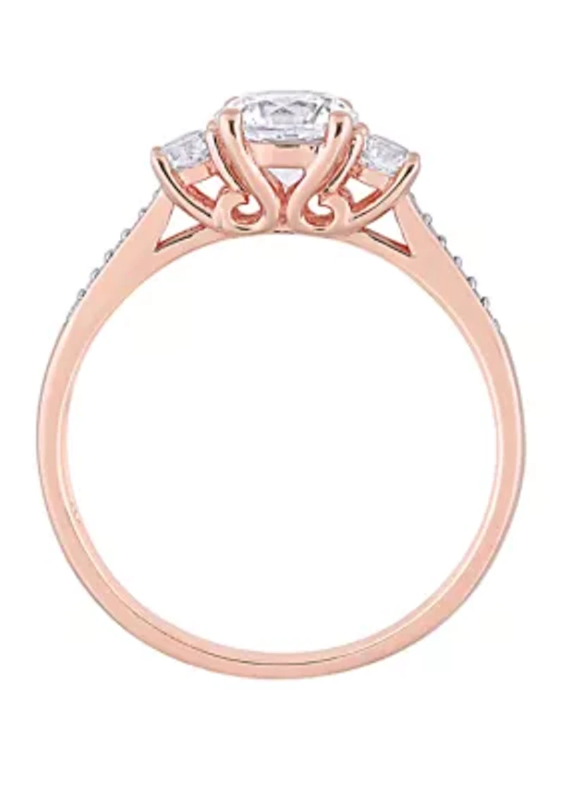 1.3 ct. t.w. Lab Created White Sapphire and 1/10 Diamond 3 Stone Engagement Ring 10K Rose Gold
