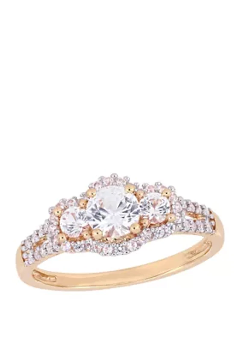 1.2 ct. t.w. Lab Created White Sapphire and 1/10 Diamond 3 Stone Halo Engagement Ring 10K Rose Gold
