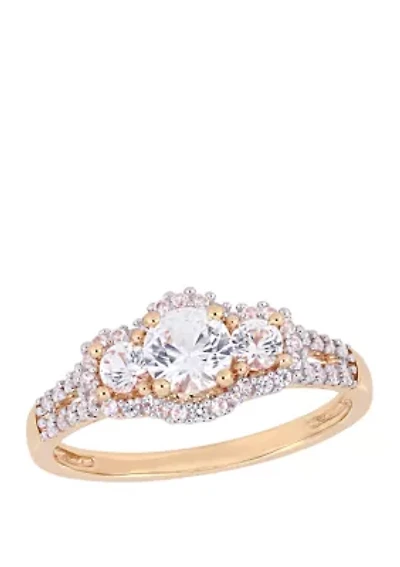 1.2 ct. t.w. Lab Created White Sapphire and 1/10 Diamond 3 Stone Halo Engagement Ring 10K Rose Gold