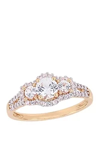 1.2 ct. t.w. Lab Created White Sapphire and 1/10 Diamond 3 Stone Halo Engagement Ring 10K Rose Gold