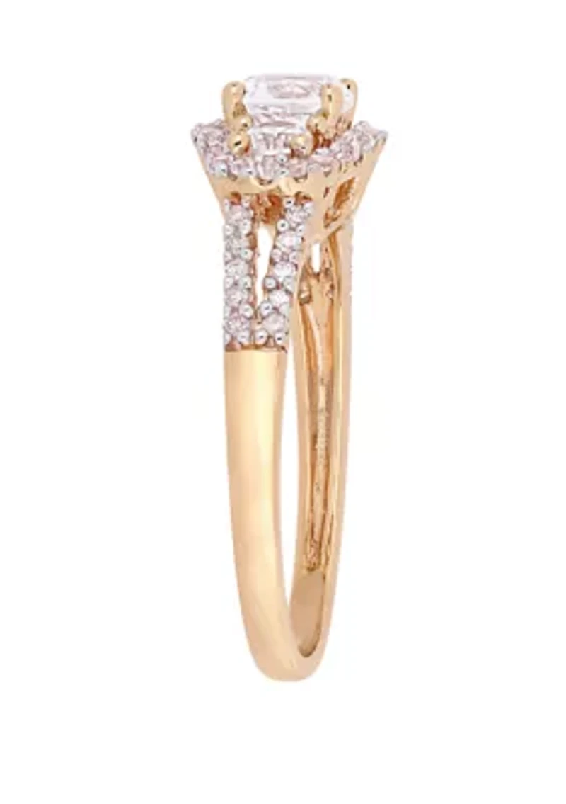 1.2 ct. t.w. Lab Created White Sapphire and 1/10 Diamond 3 Stone Halo Engagement Ring 10K Rose Gold