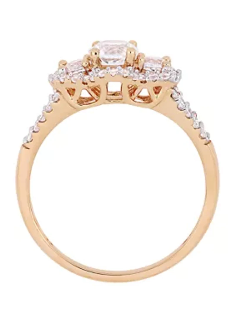 1.2 ct. t.w. Lab Created White Sapphire and 1/10 Diamond 3 Stone Halo Engagement Ring 10K Rose Gold