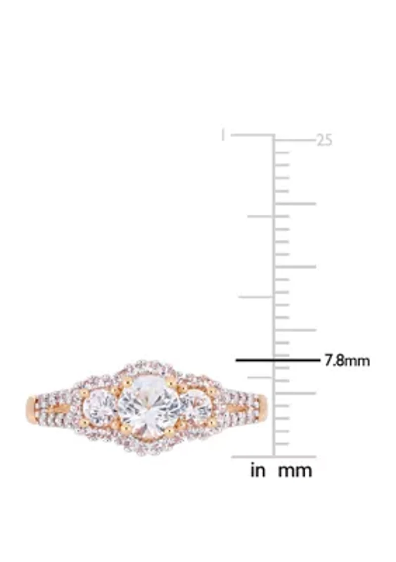 1.2 ct. t.w. Lab Created White Sapphire and 1/10 Diamond 3 Stone Halo Engagement Ring 10K Rose Gold