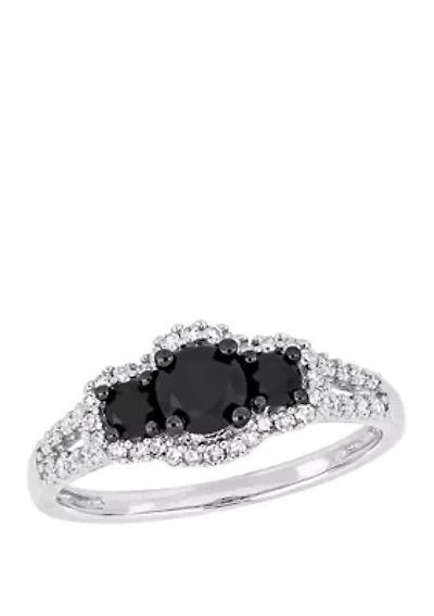 1 ct. t.w. Black and White Diamond Halo 3 Stone Engagement Ring 10K Gold