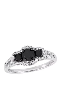 1 ct. t.w. Black and White Diamond Halo 3 Stone Engagement Ring 10K Gold