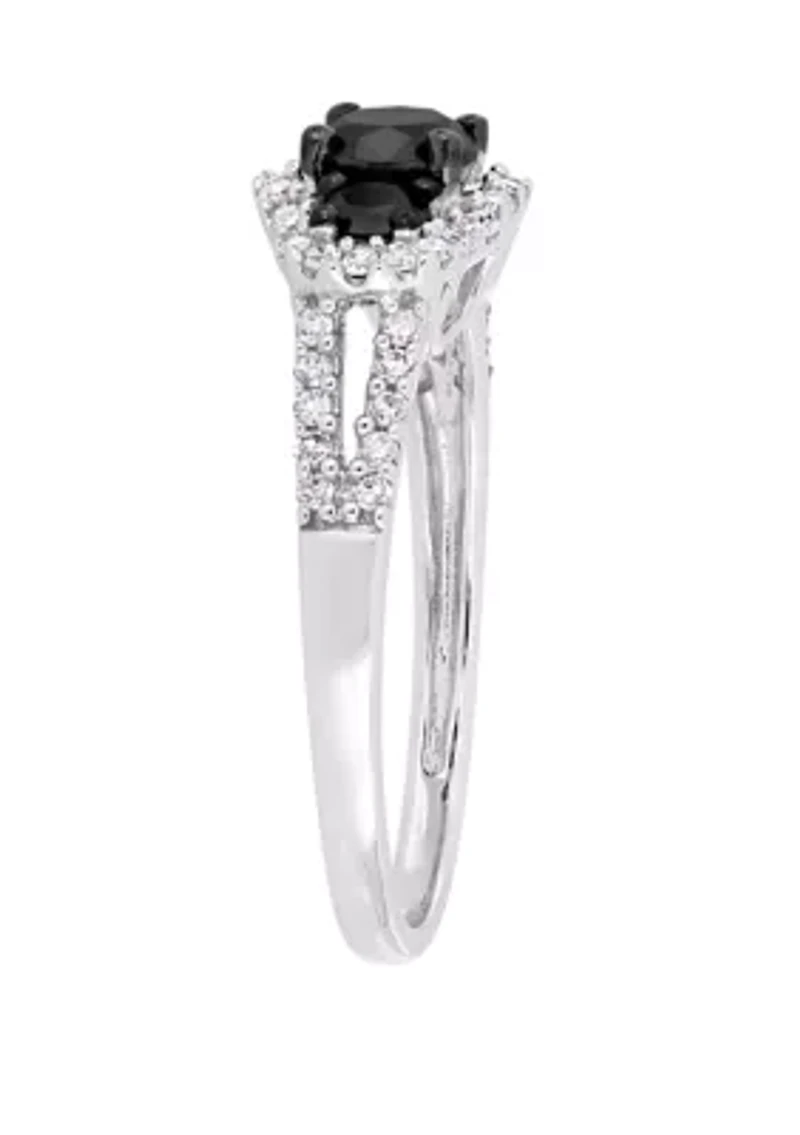 1 ct. t.w. Black and White Diamond Halo 3 Stone Engagement Ring 10K Gold