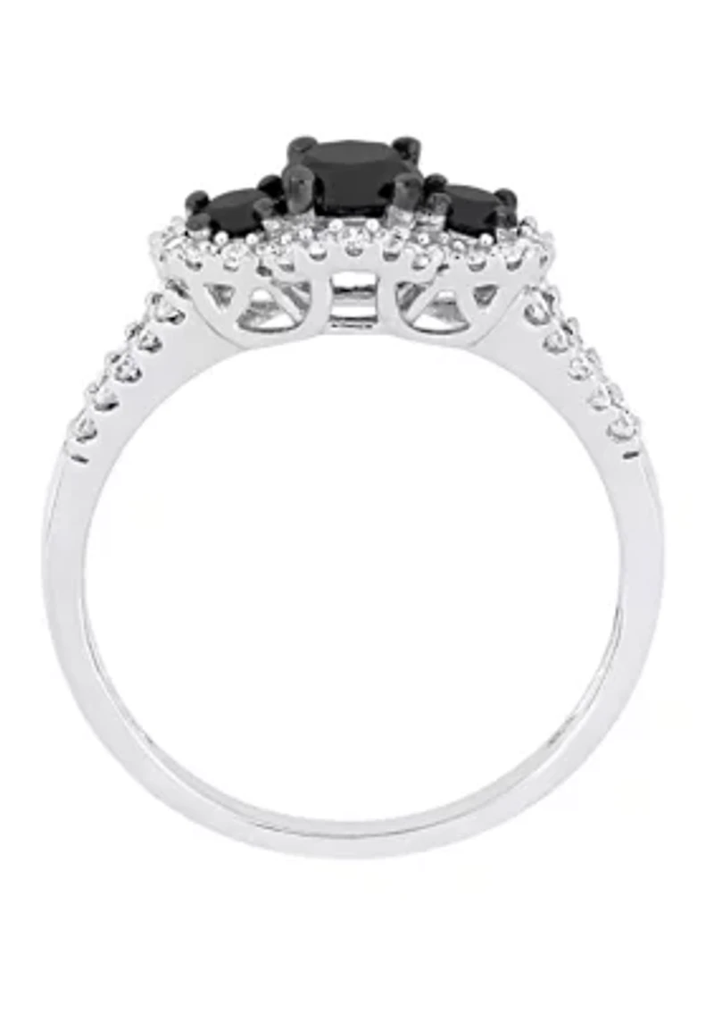 1 ct. t.w. Black and White Diamond Halo 3 Stone Engagement Ring 10K Gold