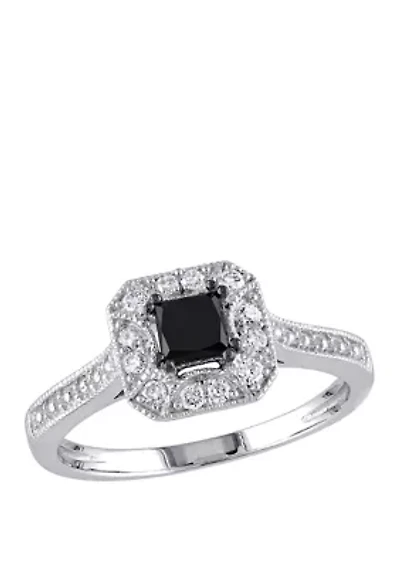 3/5 ct. t.w. Black and White Diamond Princess Cut Halo Engagement Ring 10K Gold