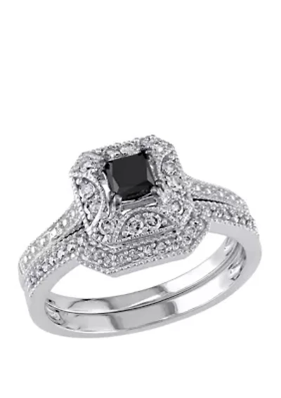 5/8 ct. t.w. Black and White Diamond Princess Cut Halo Bridal Set in 10K White Gold