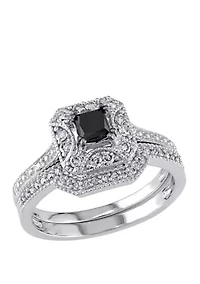 5/8 ct. t.w. Black and White Diamond Princess Cut Halo Bridal Set in 10K White Gold