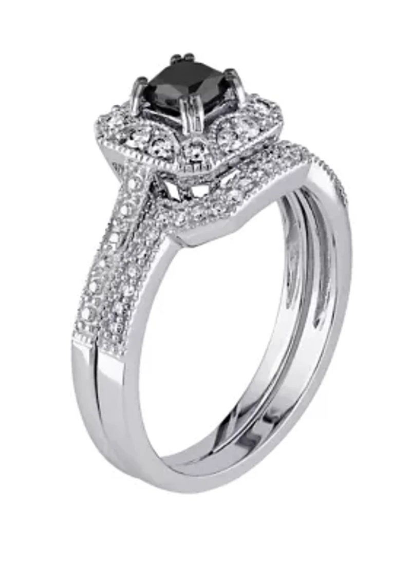 5/8 ct. t.w. Black and White Diamond Princess Cut Halo Bridal Set in 10K White Gold