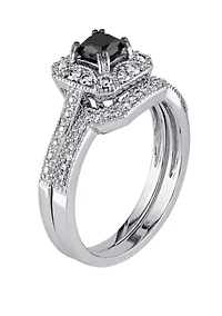 5/8 ct. t.w. Black and White Diamond Princess Cut Halo Bridal Set in 10K White Gold