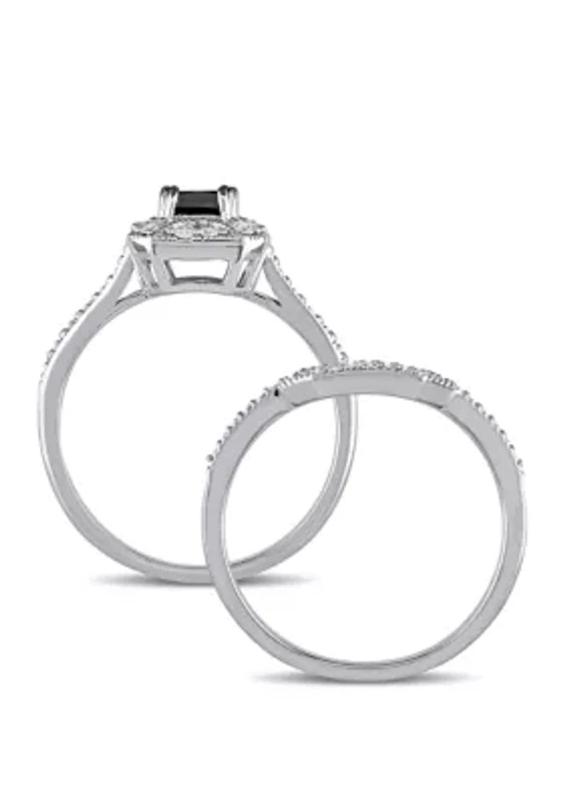 5/8 ct. t.w. Black and White Diamond Princess Cut Halo Bridal Set in 10K White Gold