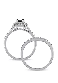 5/8 ct. t.w. Black and White Diamond Princess Cut Halo Bridal Set in 10K White Gold