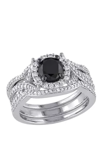 1.5 ct. t.w. Black and White Diamond Halo 3 Piece Bridal Set 10K Gold