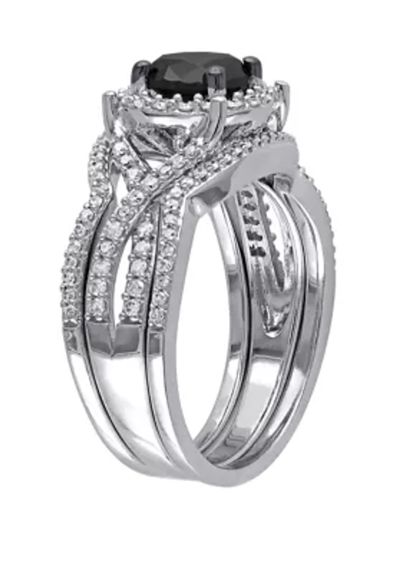 1.5 ct. t.w. Black and White Diamond Halo 3 Piece Bridal Set 10K Gold