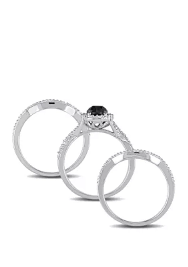 1.5 ct. t.w. Black and White Diamond Halo 3 Piece Bridal Set 10K Gold