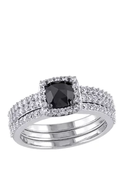 3/4 ct. t.w. Black Diamond and 4/5 Lab Created White Sapphire 3 Piece Bridal Set 10K Gold